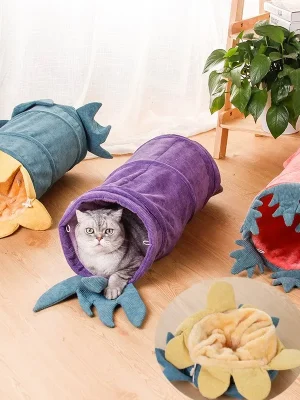2 in 1 Collapsible Cat Tunnel with Mat Bed