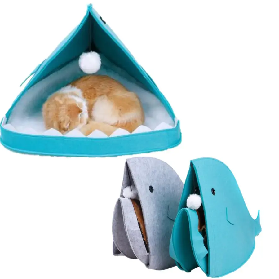 Cat Cute Bed Pet Felt Shark Shape Collapsible Bed Pet Tent House Kitten Sleeping Nest Small Cats Dogs Beds Cat Supplies
