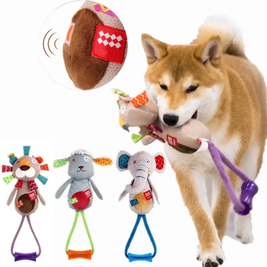 Cute Pet Dog Plush Toys with Handle Squeaky Toy Interactive Tug-of-war Training Doll for Medium and Large Dogs Durable Chew Toy