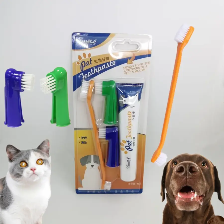 Pet Toothbrush Toothpaste Set Dog Cat Oral Care Set Finger Toothbrush for Puppy Kitten Beef Vanilla Flavor Toothpaste Supplies