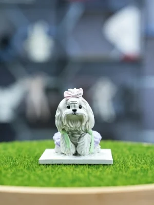 Bow Maltese Dog Resin Pet Figurine Toy